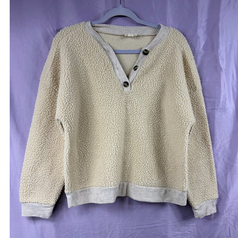 a.n.a Cream Sherpa Fleece Henley Sweatshirt Womens Large Beige Pullover